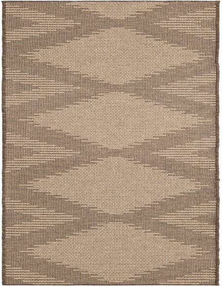 A 12 ft brown and tan polypropylene runner rug with a modern trellis pattern, suitable for a hallway or patio.