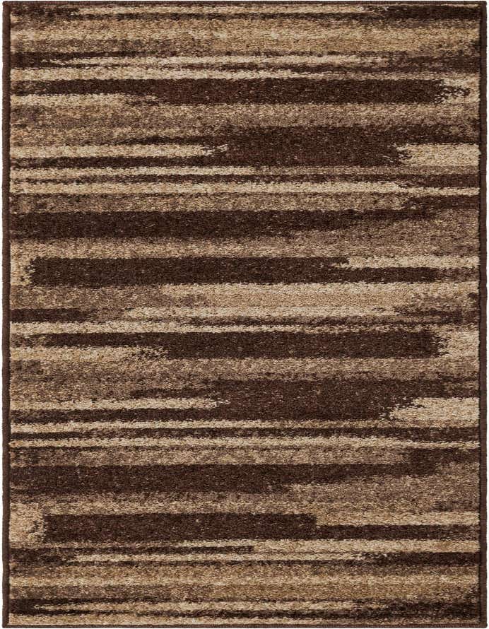 A 6 ft runner rug with an eclectic, modern stripe pattern in varying shades of brown and tan, ideal for a hallway.