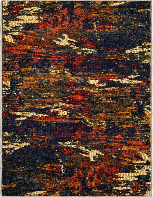 A close-up of an 8 ft runner rug with a modern abstract pattern in shades of brown, tan, red, and dark blue.