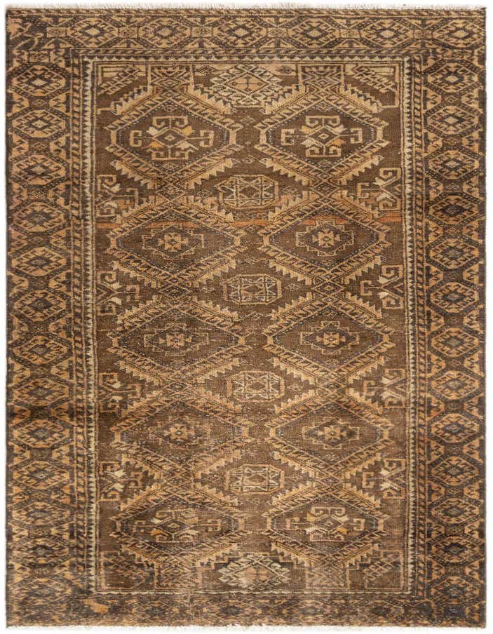 A 6 ft Hamedan runner rug in browns and tans with a tribal, traditional pattern and fringed ends.