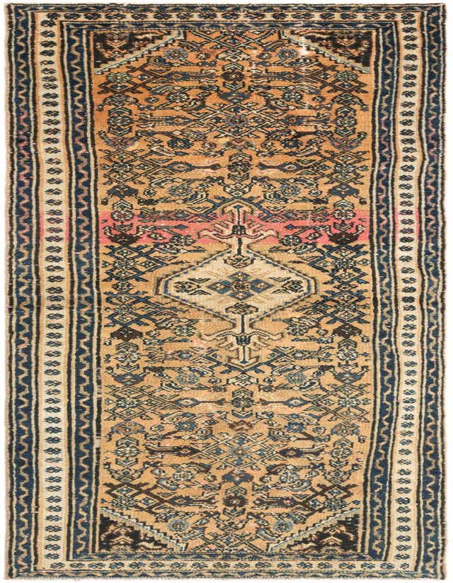 A 10 ft Hamedan runner rug featuring a tribal, traditional pattern in browns, tans, and dark blue, ideal for a hallway.