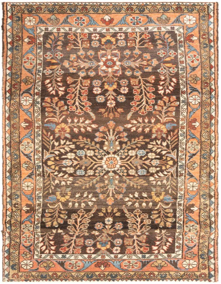 A 6 ft runner rug featuring a rich brown field with intricate floral and tribal patterns, framed by a tan and orange border.