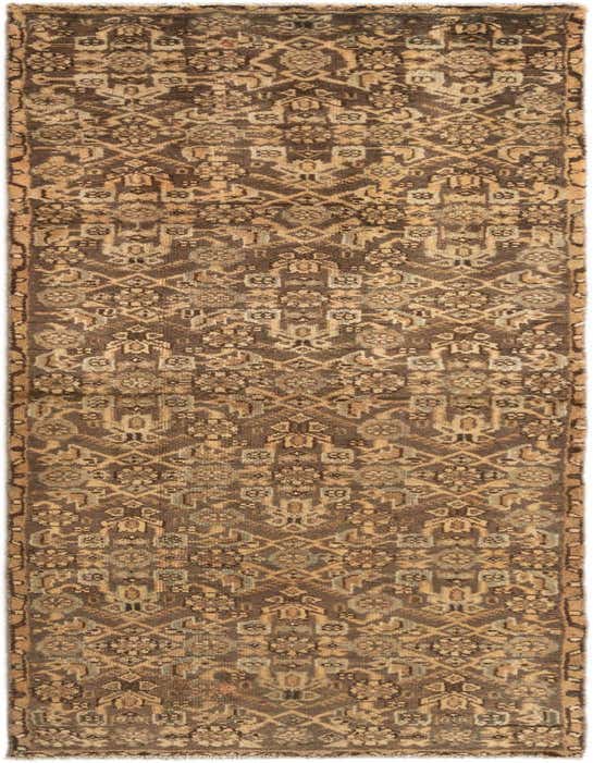 A long 8 ft runner rug in shades of brown and tan, featuring a traditional tribal pattern with geometric and floral motifs, ideal for a hallway or kitchen.