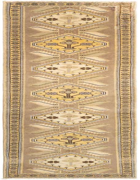A 10 ft Hamedan runner rug in browns and tans, featuring traditional tribal patterns with diamond motifs and floral accents, ideal for a hallway.