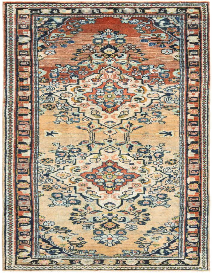 A 10 ft Hamedan runner rug featuring a traditional tribal pattern in warm browns, tans, and deep blues, ideal for a hallway.