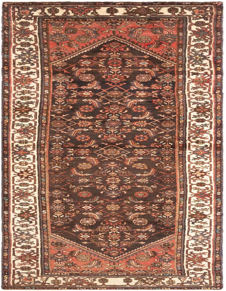 A 10 ft Hamedan runner rug featuring a tribal and traditional pattern in browns, tans, and reds, ideal for a hallway.
