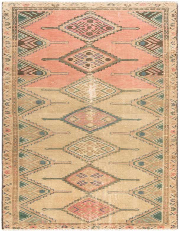 A 6 ft Hamedan runner rug featuring a tribal and traditional pattern in browns, tans, and muted pinks, ideal for a hallway.