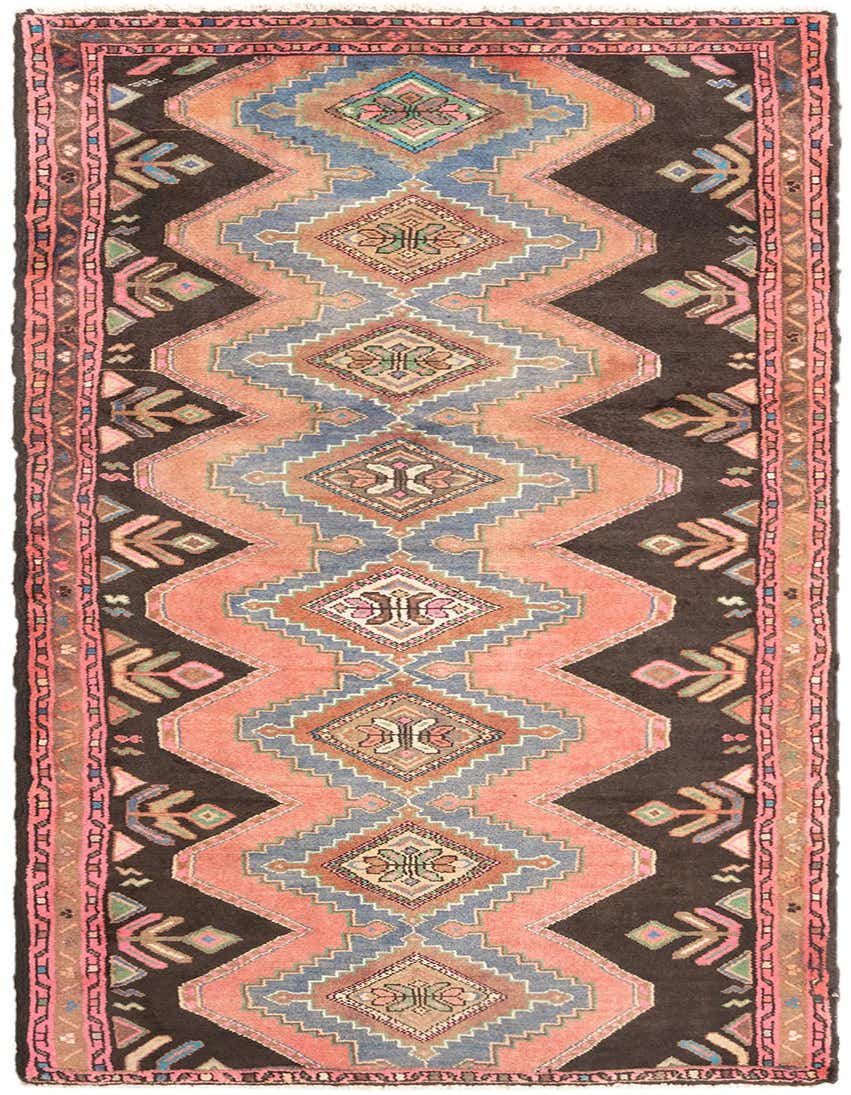 A handmade 8 ft Hamedan runner rug featuring a tribal geometric pattern in browns, tans, blues, and pinks.
