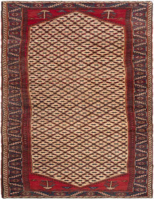 A 12 ft Hamedan runner rug featuring a tribal, traditional pattern in browns, tans, and deep red, ideal for a hallway.