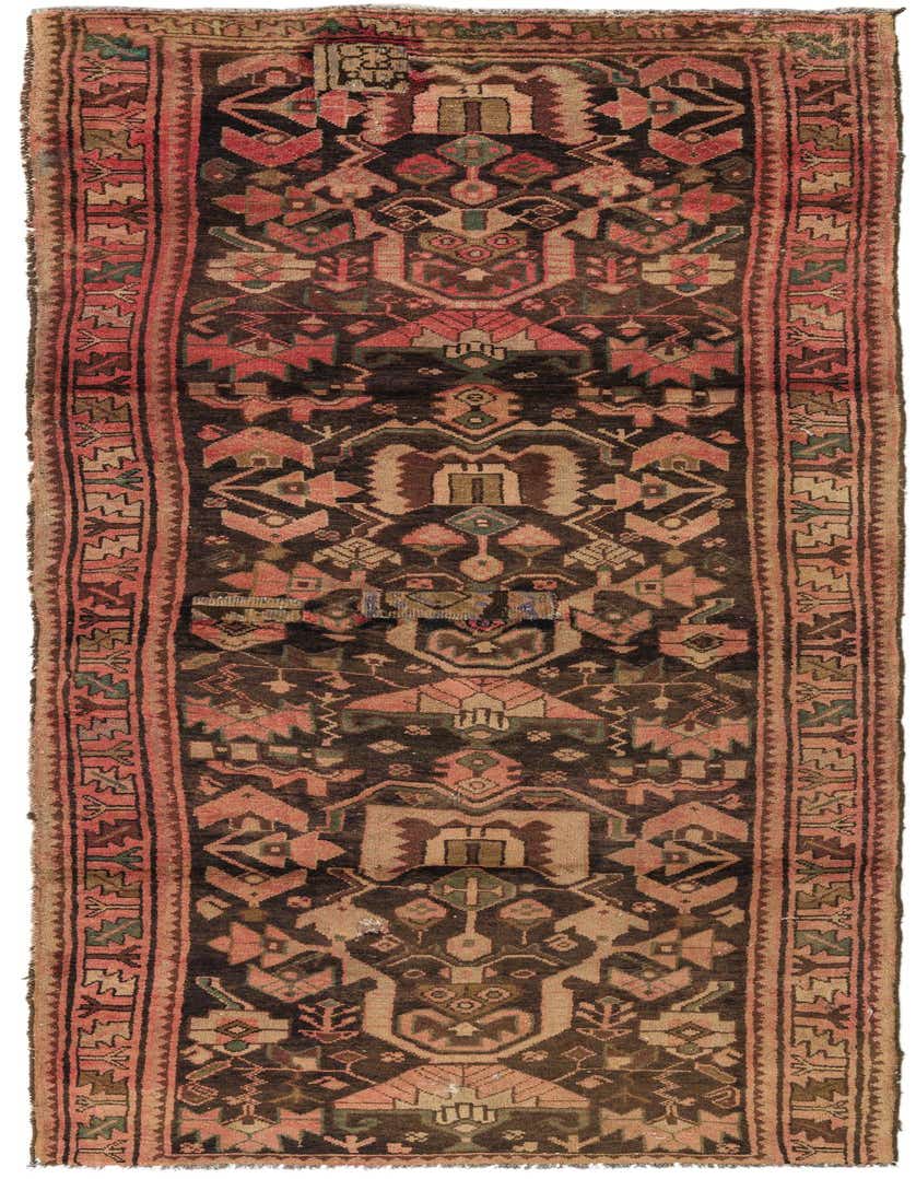 A 9 ft Hamedan runner rug in browns and tans with a traditional Persian tribal pattern, ideal for a hallway.
