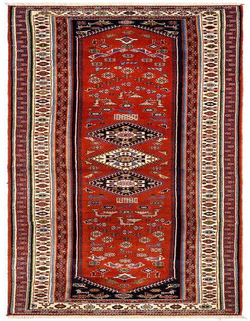A 10 ft runner rug in a traditional Persian style, featuring a rich brown and tan color palette with intricate geometric and tribal patterns, ideal for a hallway.