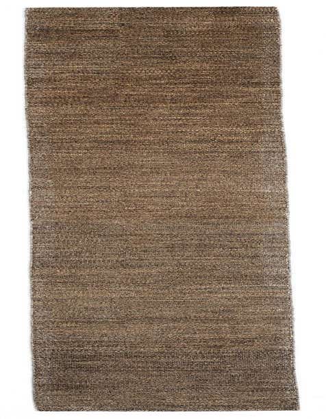 A long, rectangular 12 ft Juma runner rug in varying shades of brown and tan, showcasing its handmade wool texture.