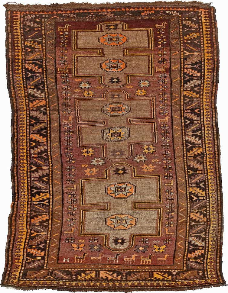 A handmade 11 ft Kars tribal runner rug in browns and tans, featuring geometric and animal motifs, ideal for a hallway.