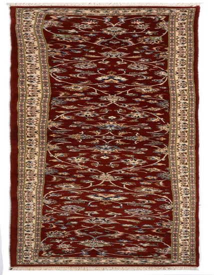 A 13 ft Kashan runner rug in rich browns and tans, featuring intricate Persian floral patterns and a decorative border, perfect for a hallway.