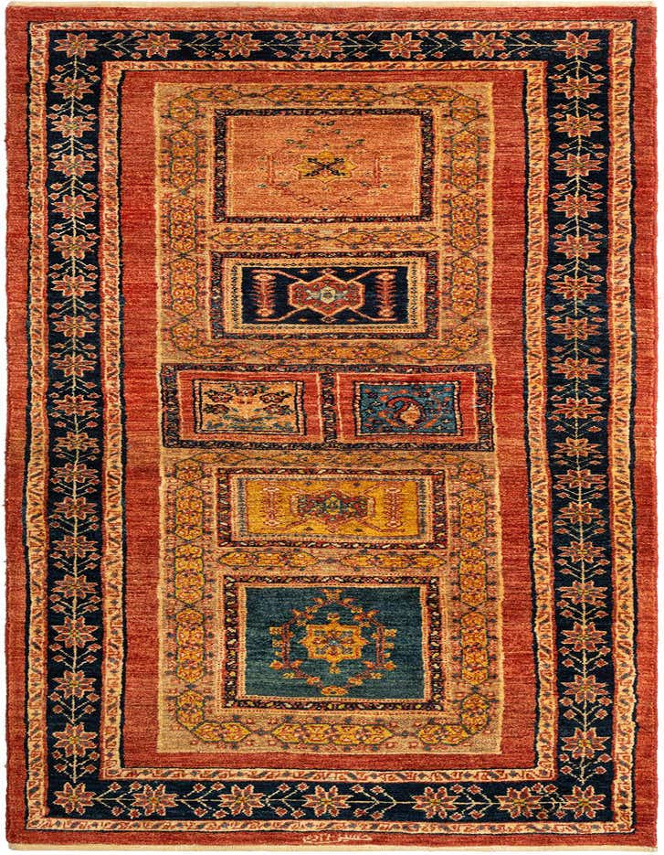 A handmade 8 ft runner rug with a traditional Persian pattern in shades of brown, tan, and navy, ideal for a hallway.