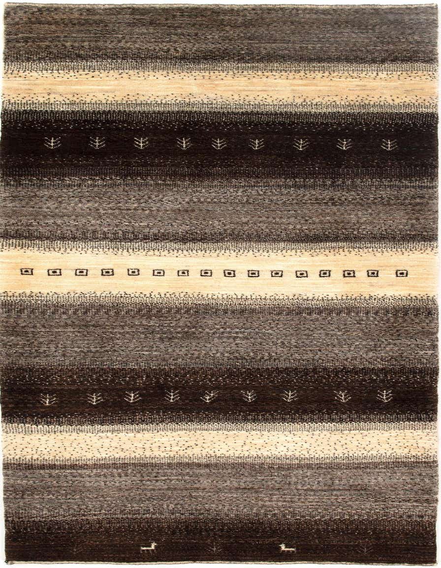 A 6 ft runner rug with horizontal stripes in varying shades of brown and tan, featuring small tree and geometric square patterns.