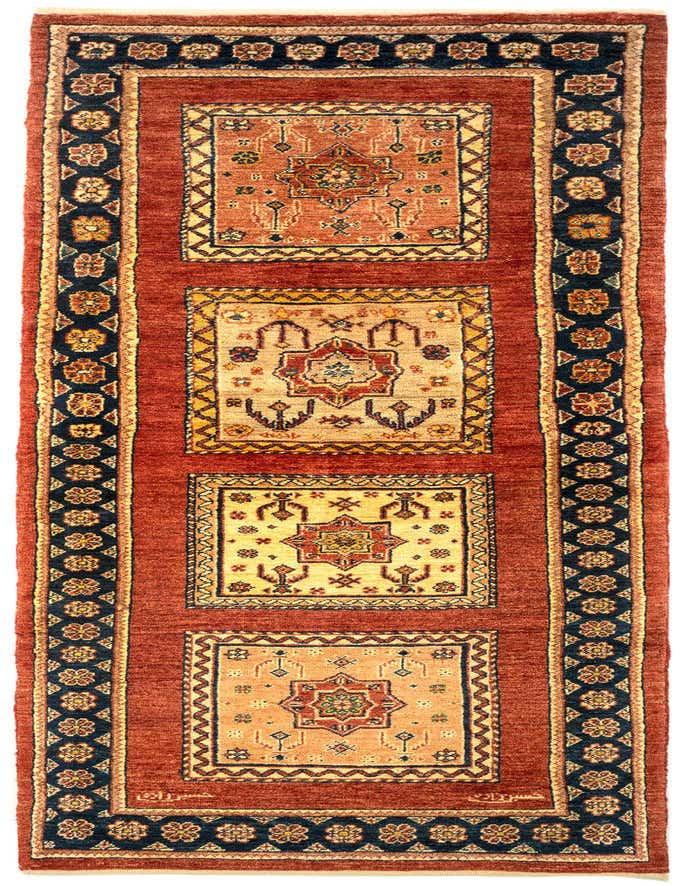 A 7 ft runner rug in a Persian style, featuring a rich brown and tan color palette with intricate geometric patterns and a dark blue border.