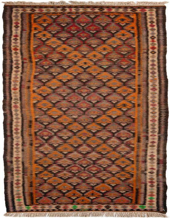 A 12 ft runner rug from the Kilim Fars collection, featuring a tribal Persian pattern in browns, tans, oranges, and reds, ideal for a hallway.