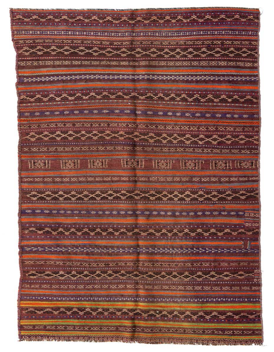 A 10 Ft Runner Kilim Fars rug with a tribal Persian stripe pattern in browns, tans, oranges, and purples, suitable for a hallway.