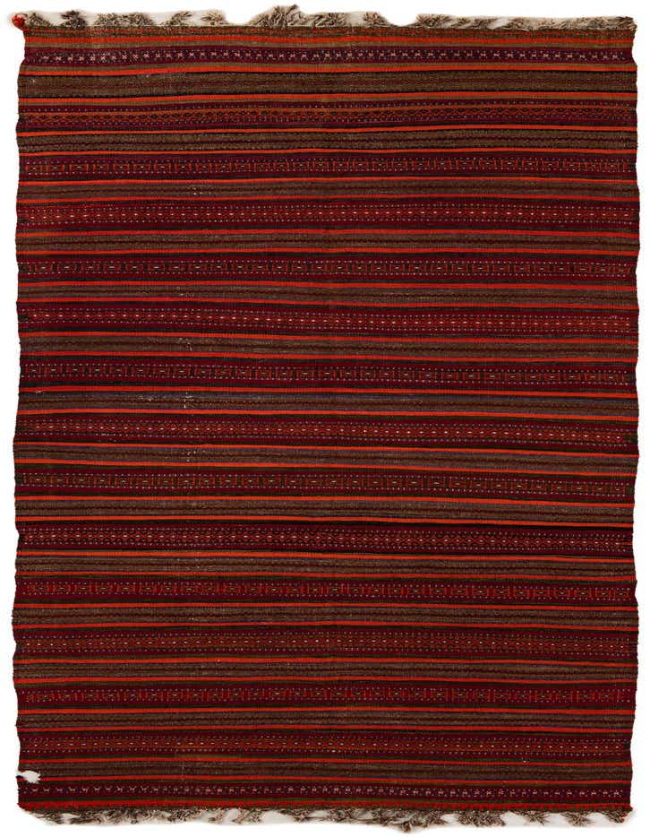 A 12 ft runner rug featuring horizontal stripes in varying shades of brown, tan, and red with tribal patterns, suitable for a hallway.