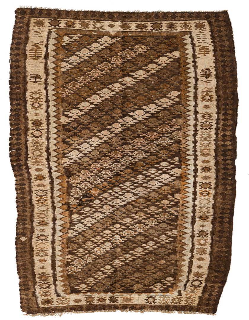 A handmade 8 ft Kilim Fars runner rug in shades of brown and tan, featuring a tribal Persian pattern with abstract geometric motifs, ideal for a hallway or kitchen.