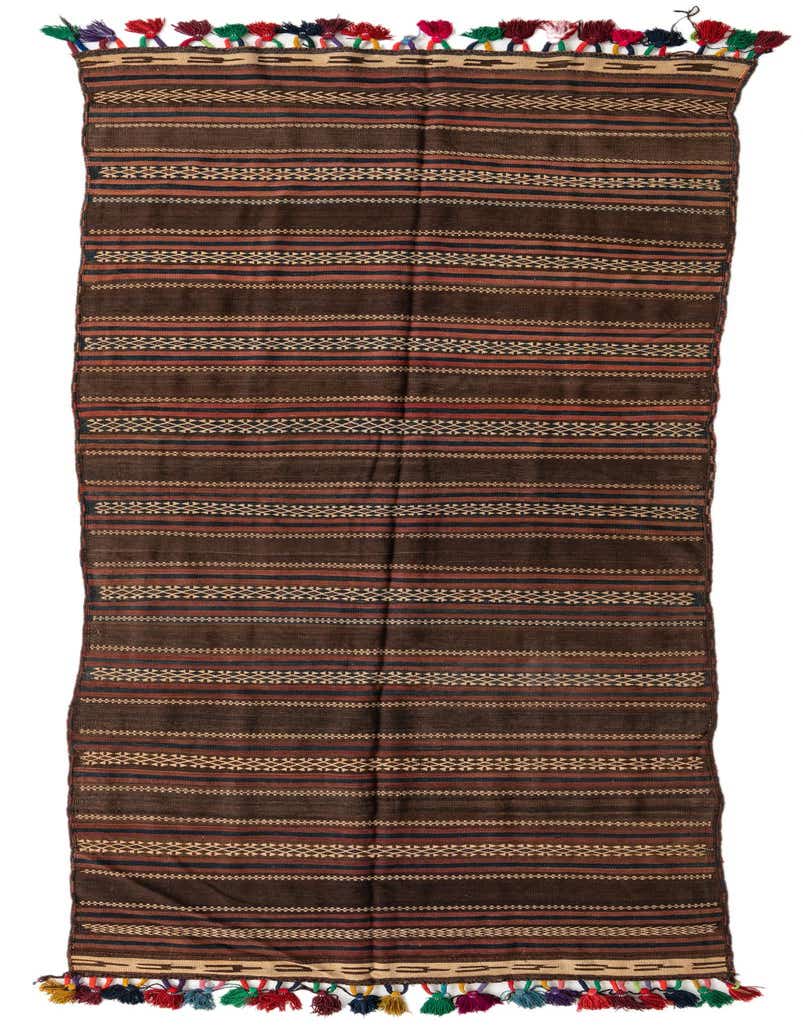 A 12 ft runner rug from the Kilim Fars collection, featuring brown and tan stripes with tribal patterns and colorful tassels.