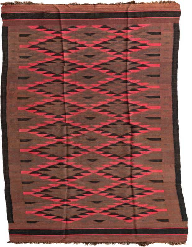 A long 15 ft Kilim Fars runner rug with a tribal geometric pattern in browns, tans, and red, suitable for a hallway.