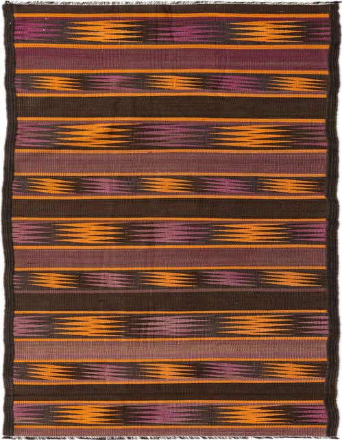 A 10 ft runner rug in a Kilim Fars style, featuring horizontal stripes in varying shades of brown, tan, and purple, with tribal zigzag patterns.