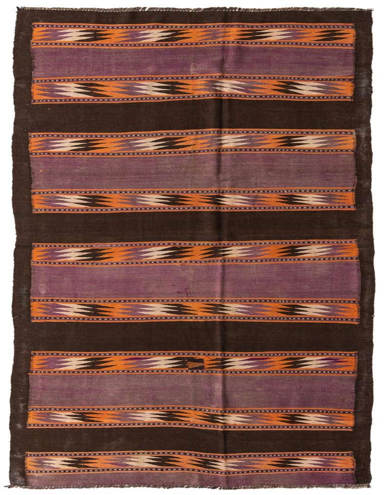 A 12 ft Kilim Fars runner rug with brown, purple, and orange stripes and tribal patterns, ideal for a hallway.
