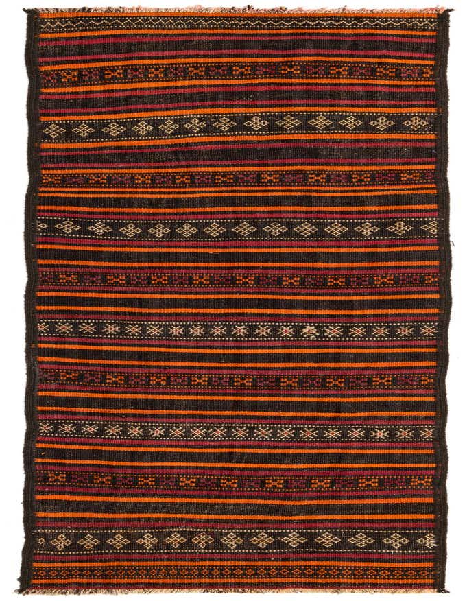 A handmade 8 Ft runner rug featuring a tribal stripe pattern in dark brown, orange, and red, perfect for a hallway.