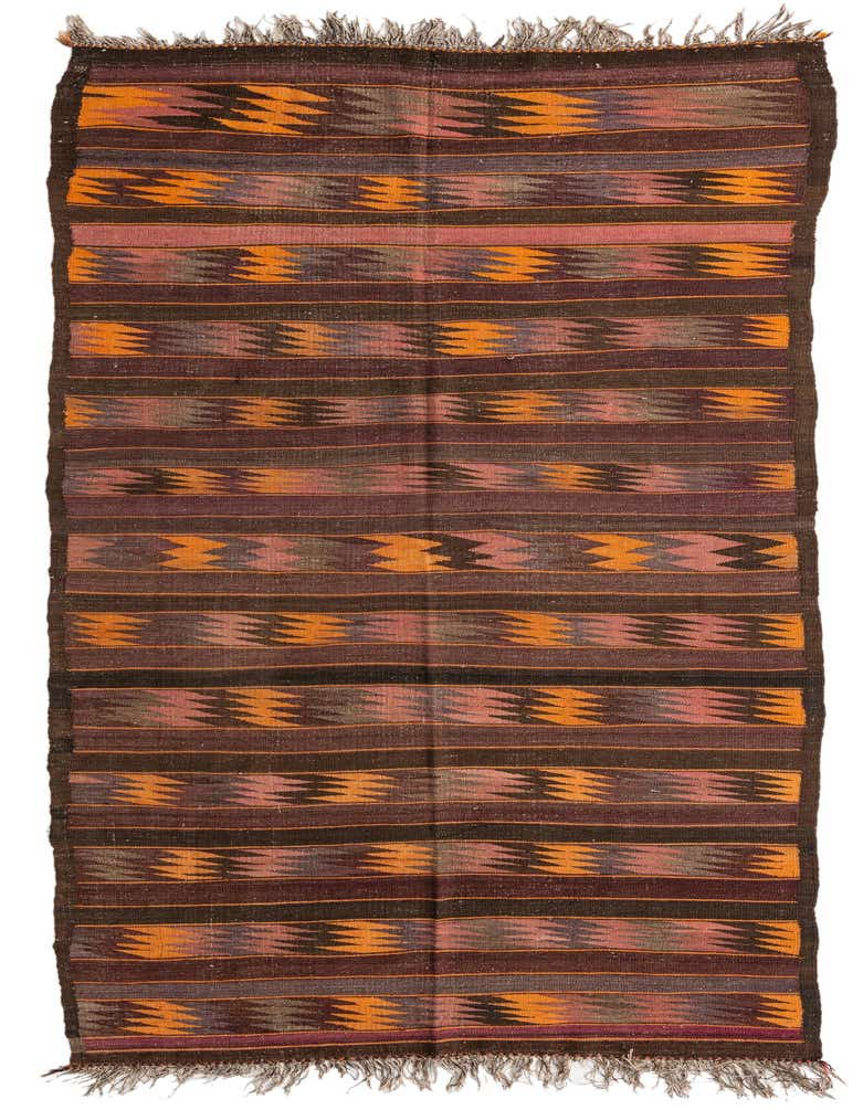 A 13 ft Kilim Fars runner rug with a tribal abstract pattern in shades of brown, tan, and orange.