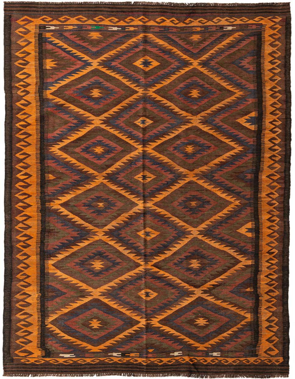 A long, flatweave Kilim Fars runner rug with a tribal geometric pattern in shades of brown, tan, orange, and blue, ideal for a hallway.