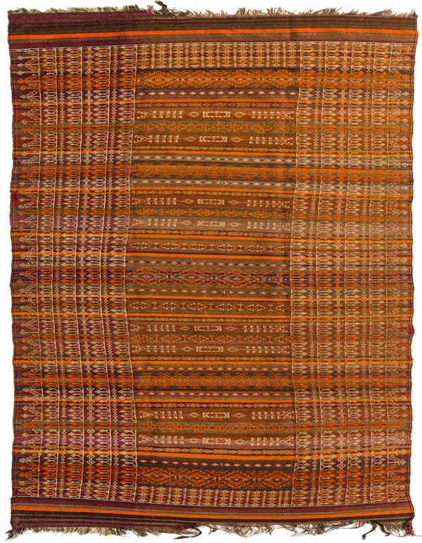 A 15 Ft runner rug with a rich brown and tan tribal pattern, featuring intricate geometric designs and fringed ends.