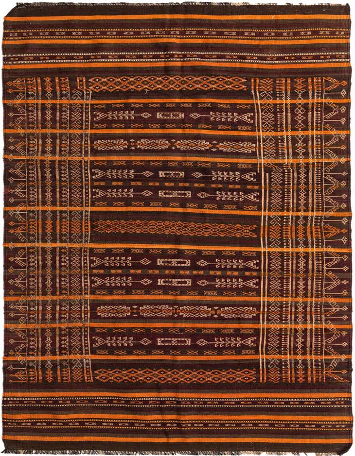 A 12 ft runner rug from the Kilim Fars collection, featuring a tribal Persian pattern in browns and tans.