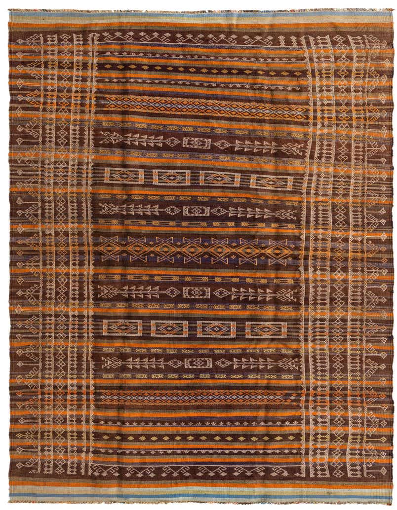 A 4x11 ft Kilim Fars runner rug with a flatweave, featuring tribal Persian patterns in browns, tans, and orange stripes.