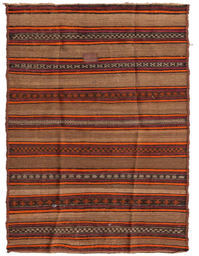 A 4x10 ft runner rug with brown and tan stripes, accented with orange and burgundy tribal patterns, ideal for a hallway.