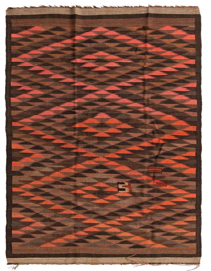 A 12 ft Kilim Fars runner rug with a tribal Persian pattern in shades of brown, tan, and orange.