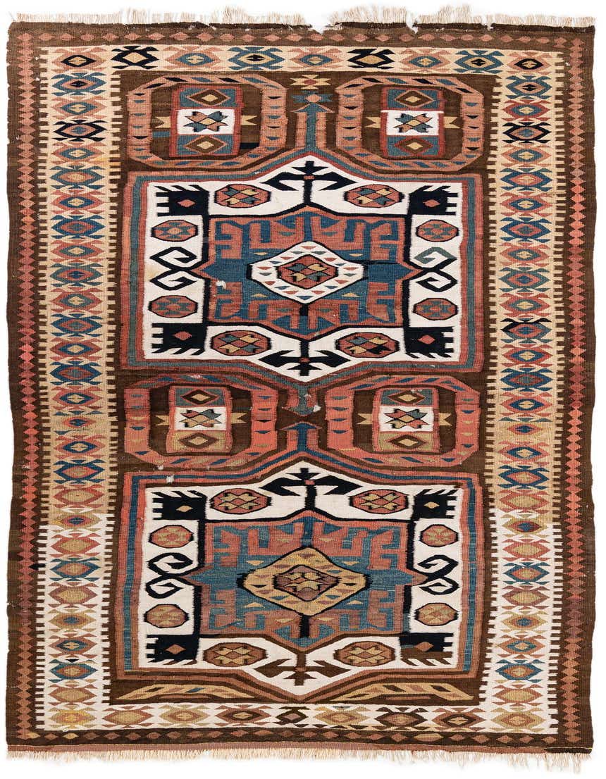 A 10 ft brown and tan Kilim Fars runner rug with a tribal Persian pattern, ideal for a hallway.