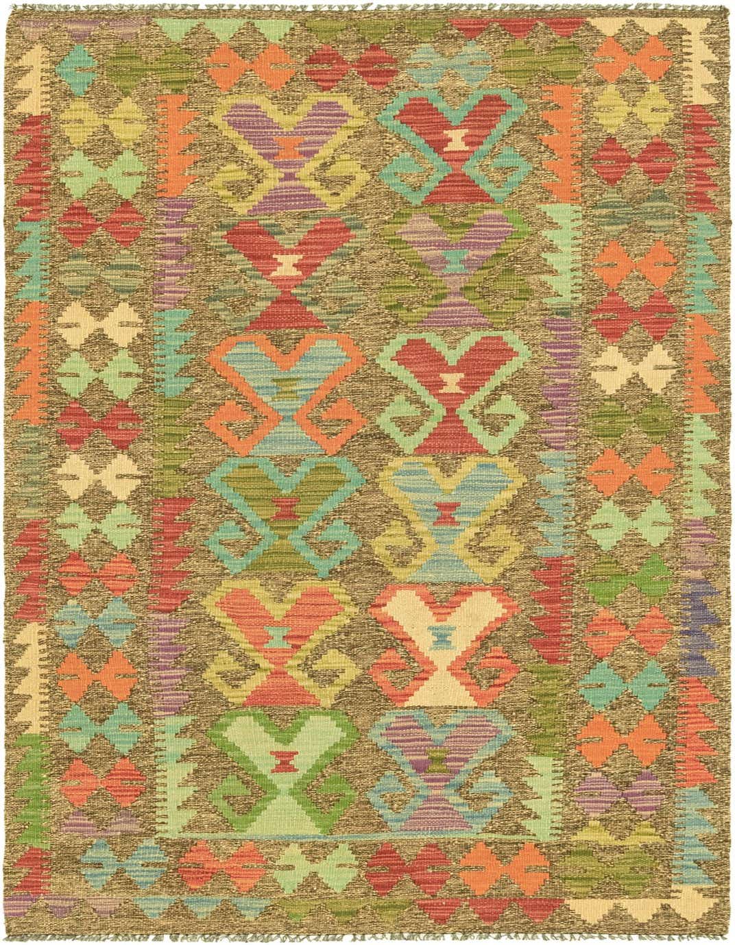 A 6 ft runner rug with a Southwestern and tribal pattern in browns, tans, reds, greens, oranges, and purples.