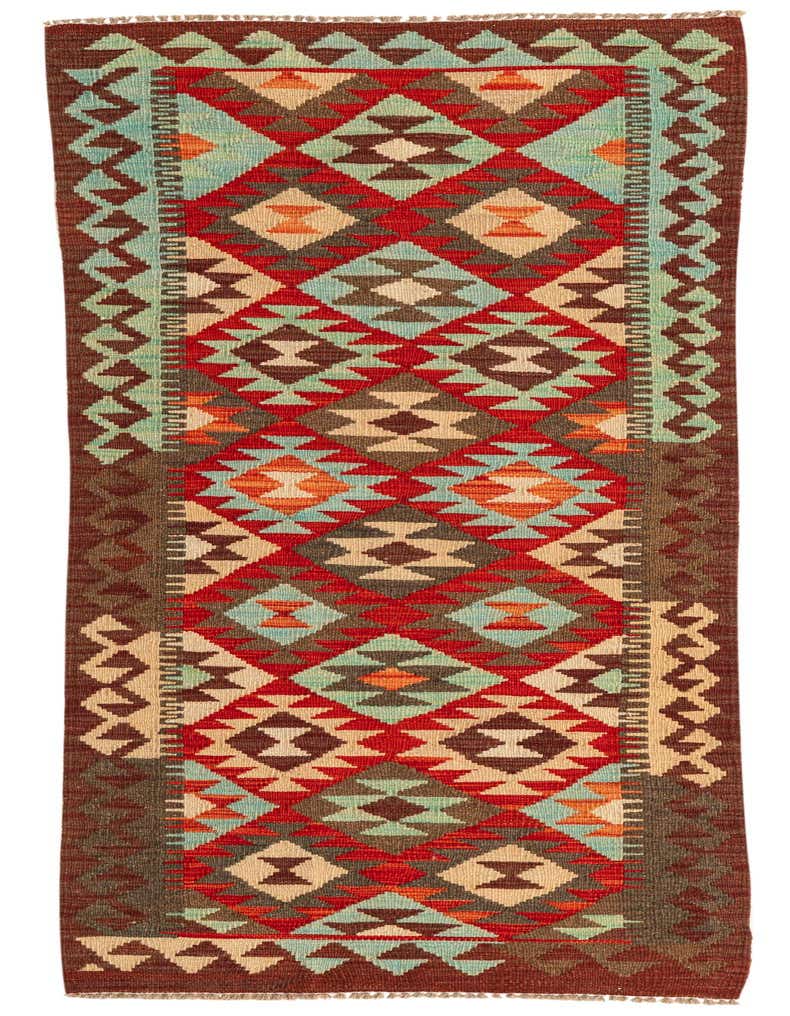 A 7 ft runner rug in a Southwestern tribal pattern, featuring rich browns, tans, reds, and teal geometric designs.