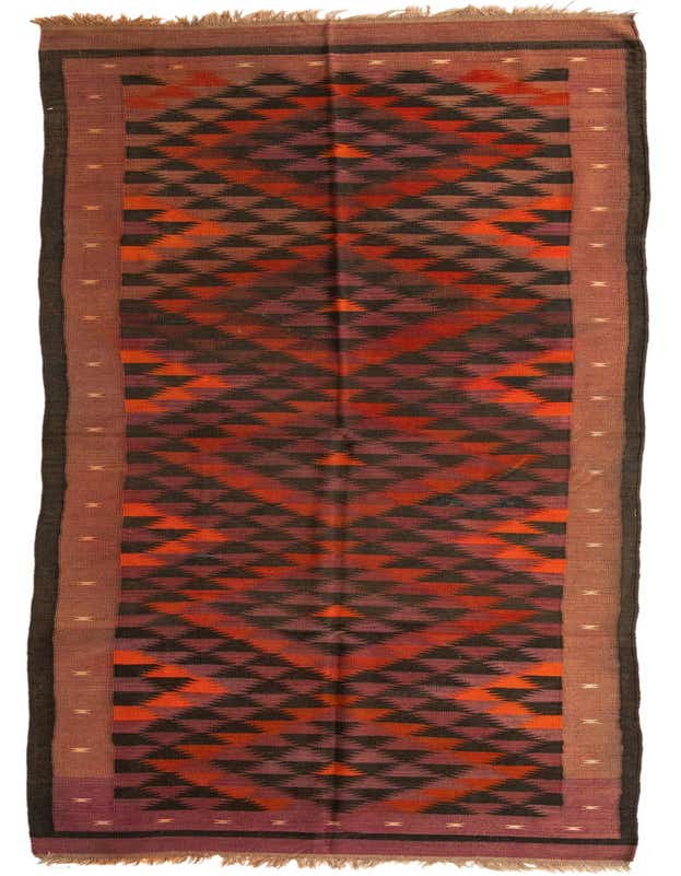 A 15 ft Kilim Maymana runner rug featuring a tribal geometric pattern in shades of brown, tan, orange, and purple.