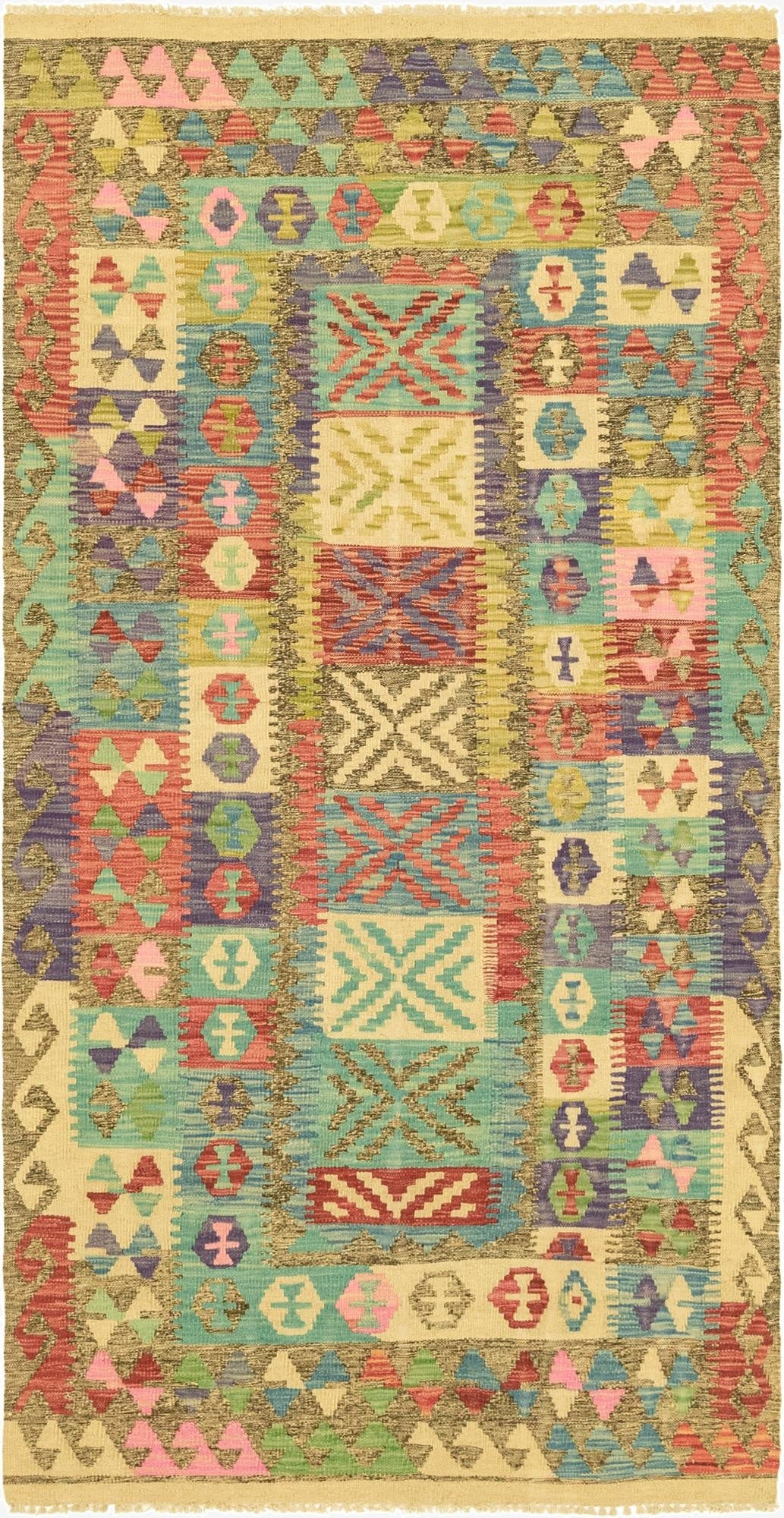  3' 4 x 6' 7  Hand Woven Kilim Maymana Wool Runner Rug