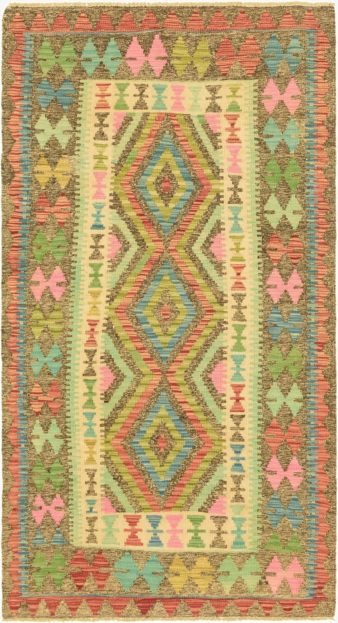  3' 4 x 6' 6  Hand Woven Kilim Maymana Wool Runner Rug
