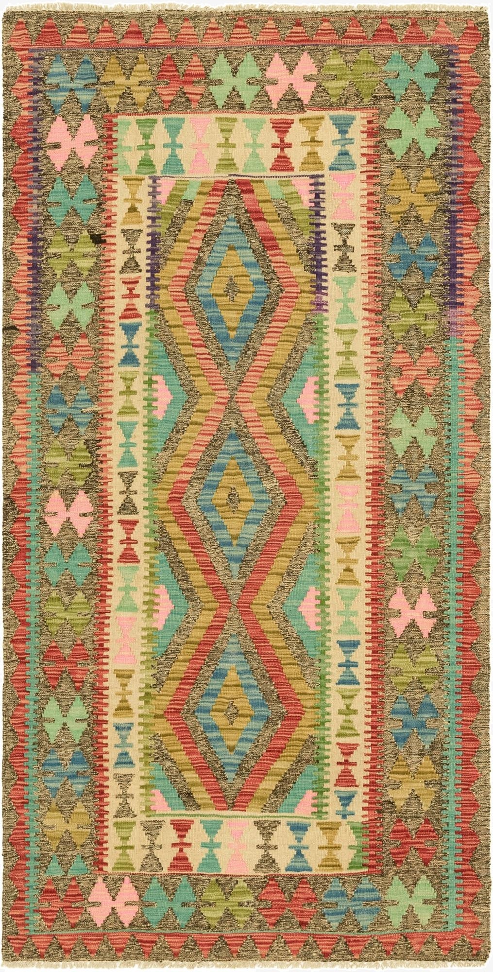  3' 4 x 6' 8  Hand Woven Kilim Maymana Wool Runner Rug