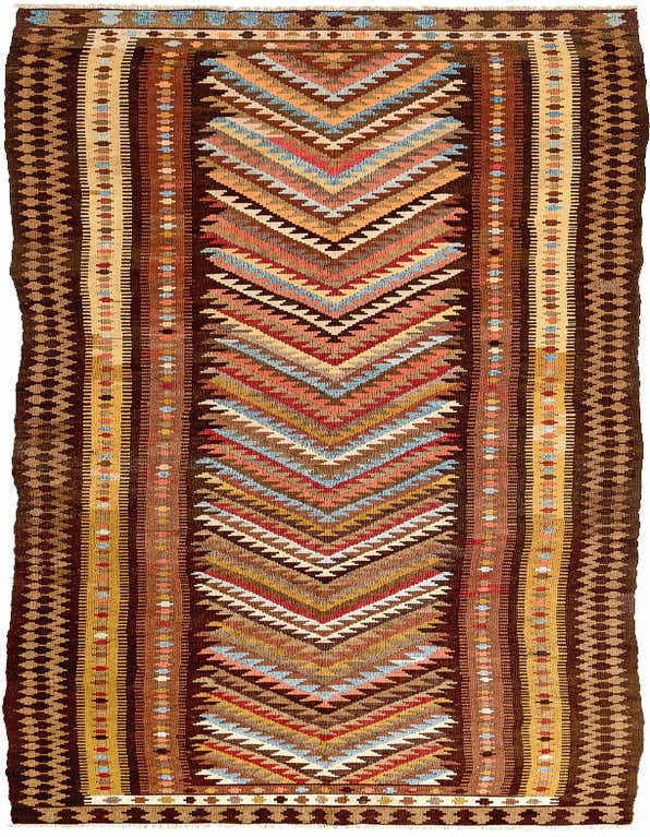 A 13 ft Kilim runner rug with a tribal pattern in browns, tans, blues, and reds, ideal for a hallway.