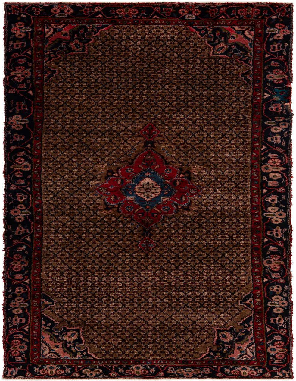 A 9 ft Koliaei runner rug with a brown and tan field, a central medallion, and traditional Persian patterns.