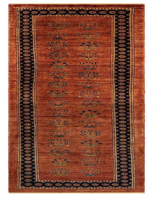 A 9 ft runner rug from the Rugs.com Luribaft collection, featuring a rich brown field with repeating floral motifs in blues, greens, and tans, framed by a dark blue and tan Persian border.