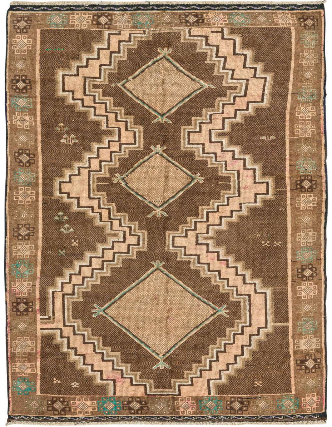 A 6 ft runner rug with a traditional Persian tribal pattern in browns and tans, featuring geometric diamonds and stepped designs.