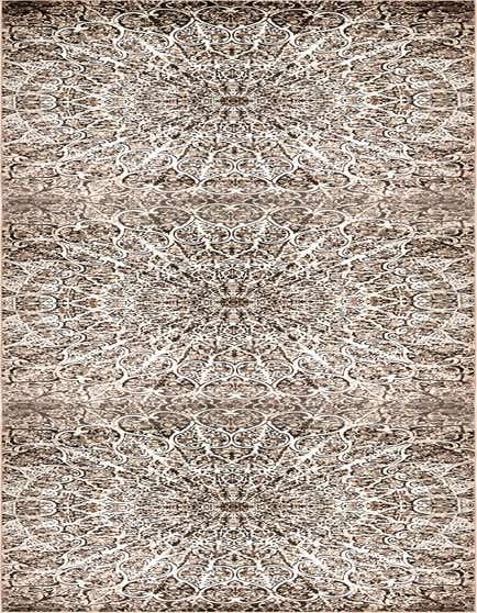 A 10 ft runner rug in shades of brown and tan, featuring an intricate, distressed medallion pattern, ideal for a hallway.