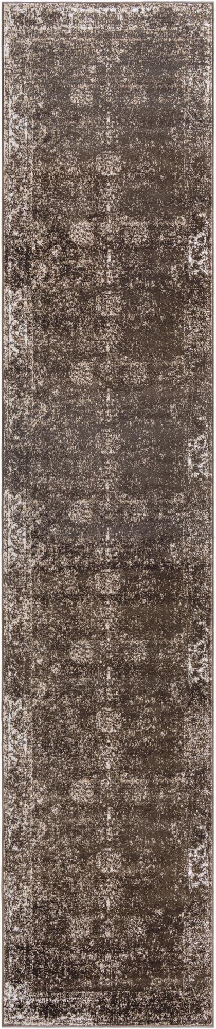 A 16 ft Monte Carlo runner rug in shades of brown and tan, featuring a distressed Bohemian medallion pattern.